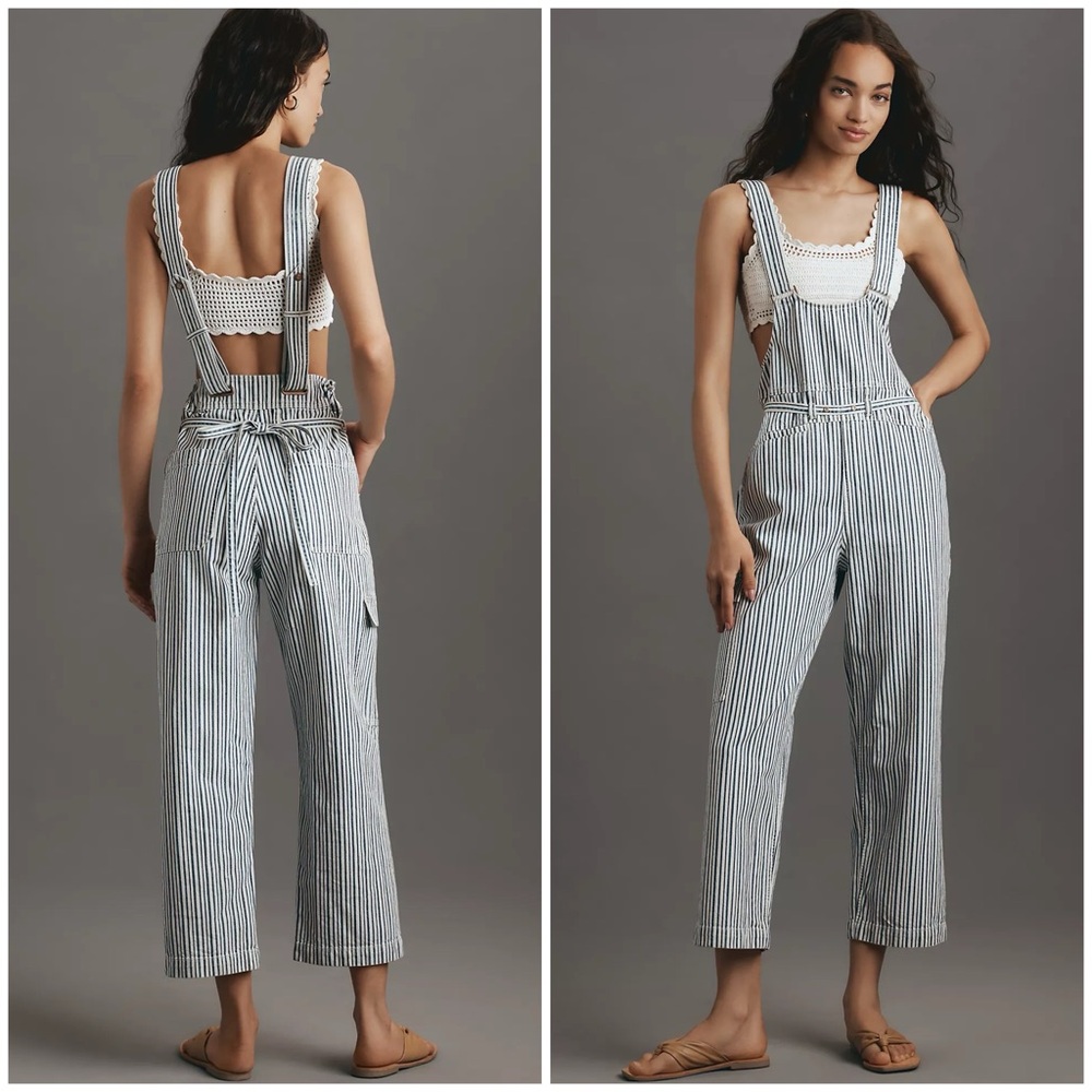 Anthropologie Pilcro Low-Front Striped Cotton Overalls Size M Bow In Back NWT